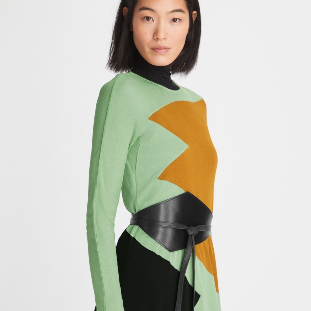 Tory Burch Colorblock Honeycomb Jersey Dress Size 0 Runway Geometric Green - Picture 9 of 13